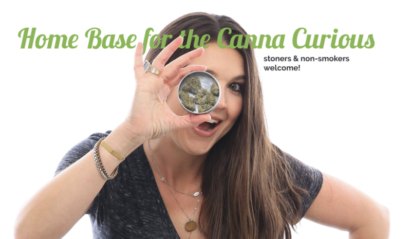 home base for the canna curious stoners & non-smokers welcome woman holding cannabis nugs in package