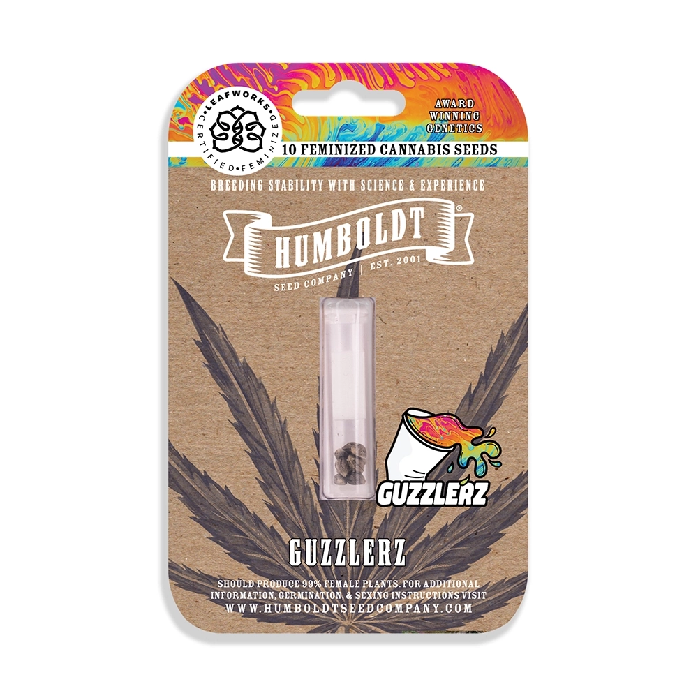 Guzzlerz Feminized cannabis seed packaging for retail