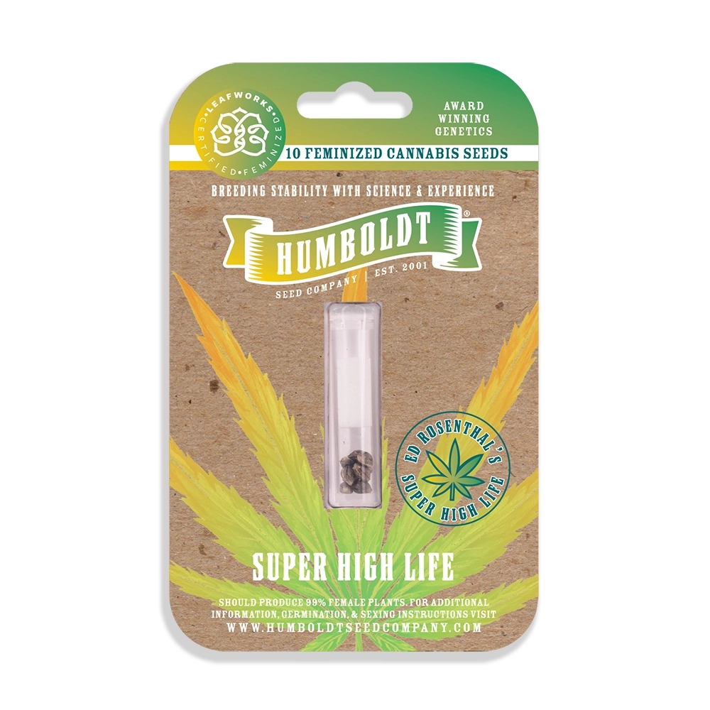 Super High Life Feminized Seeds marijuana seed packaging with ed rosenthal's super high life