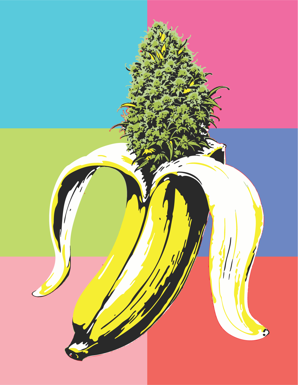 Banana OG cannabis strain Logo with bright colors inspired by andy Warhol