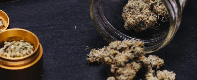 cannabis flower falling out of a mason jar next to a gold metal weed grinder with freshly ground cannabis