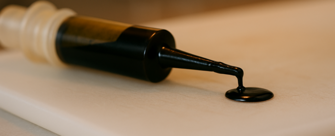 RSO rick simpson oil and plunger on a white plastic cutting board over a white marble kitchen table