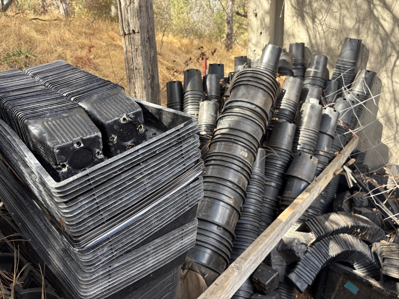 stacks of black plastic grow pots and containers on a farm