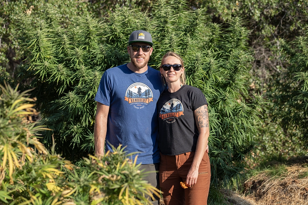 man and woman posing in front of large cannabis plants