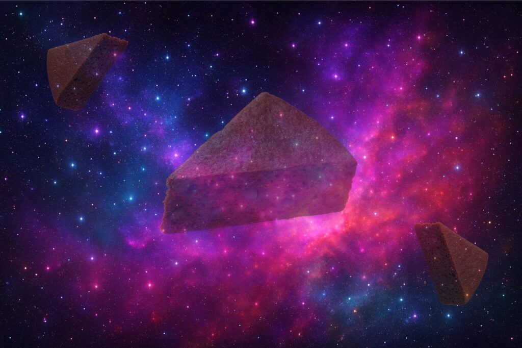 3 slices of cannabis space cake on a space background showing the stars and other galaxies