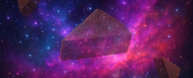 3 slices of cannabis space cake on a space background showing the stars and other galaxies