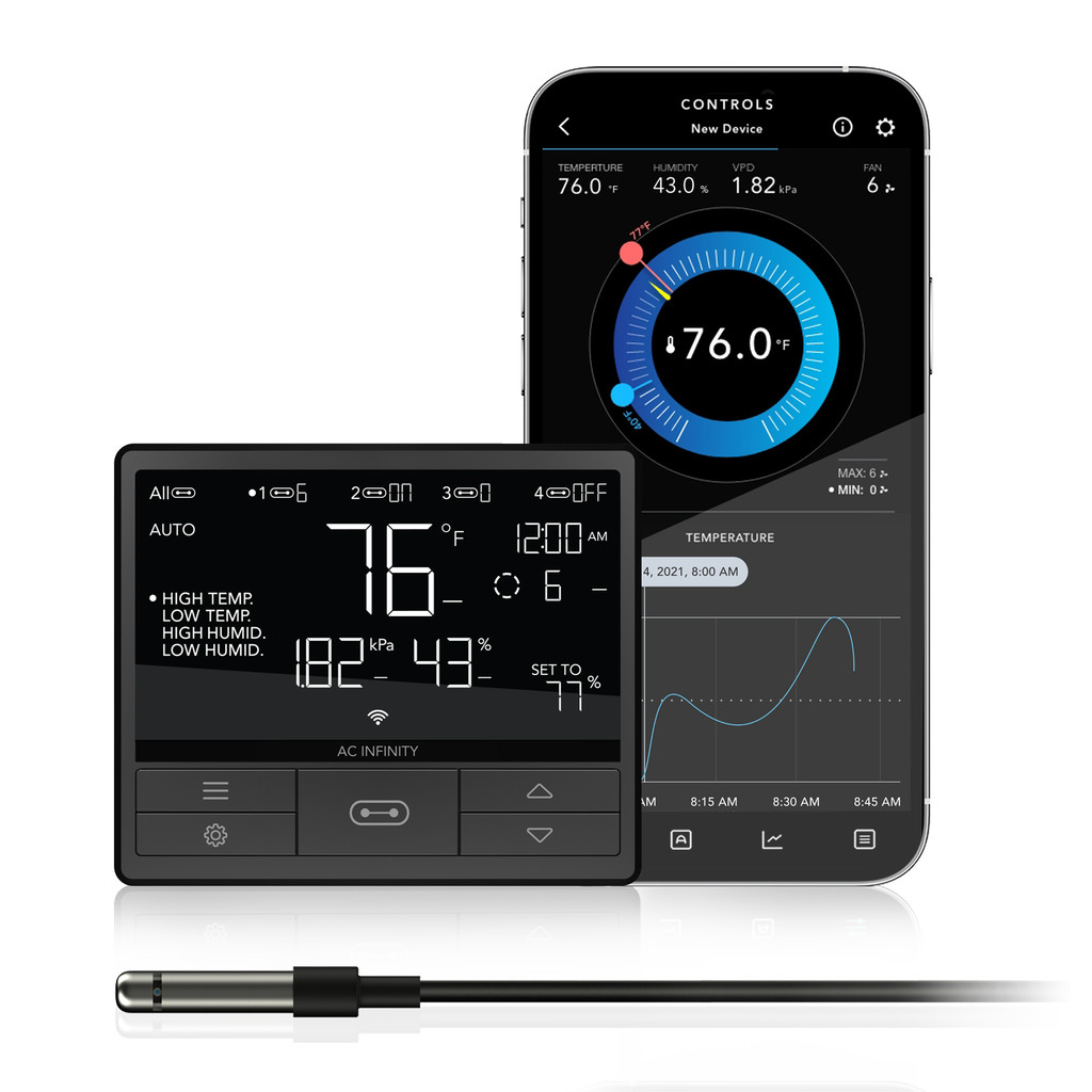 AC Infinity CONTROLLER-69 device screen and app on iphone with white background