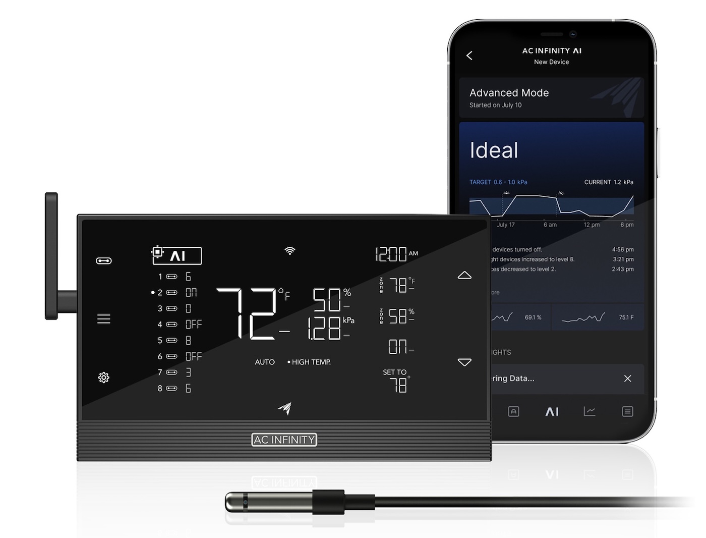 AC Infinity CONTROLLER AI+ device screen and app on iphone with white background