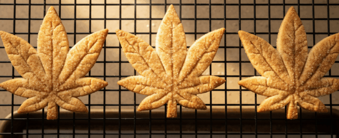 marijuana-shaped snickerdoodle coockies on a cooling rack
