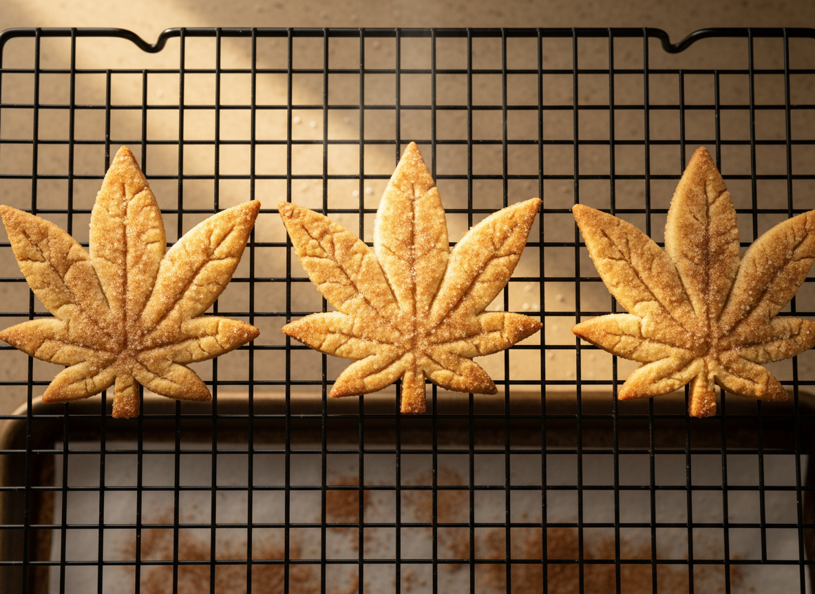 marijuana-shaped snickerdoodle coockies on a cooling rack