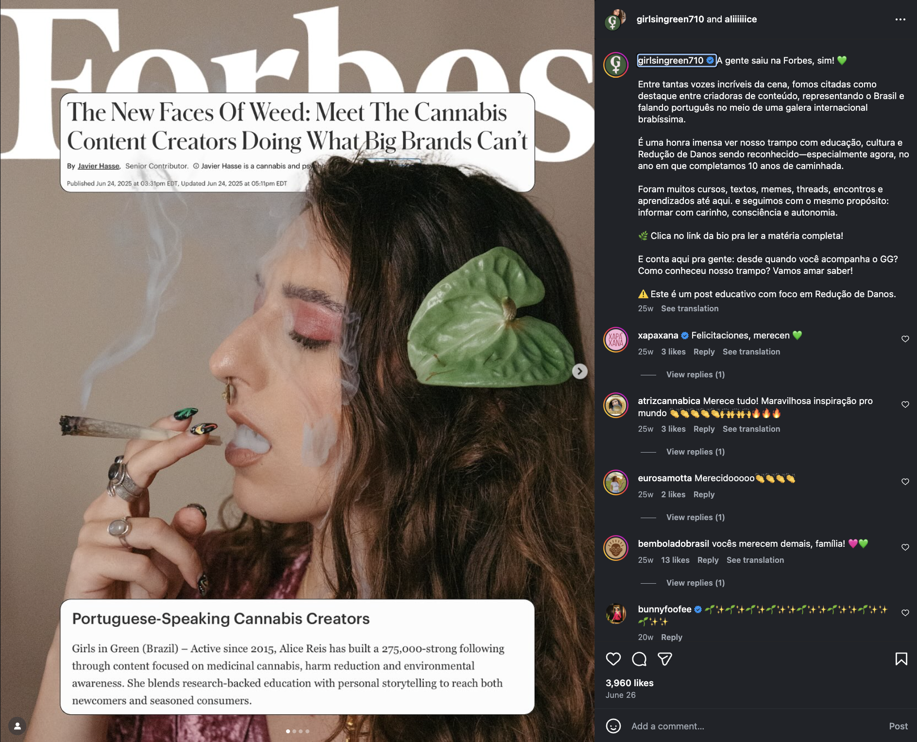 Postagem no Instagram da Forbes Girls in Green