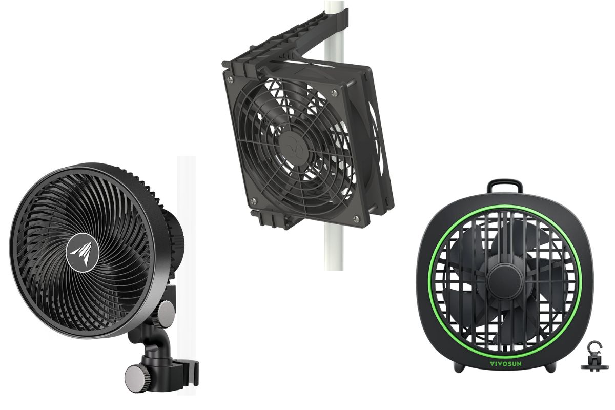 AC Infinity CLOUDRAY A6 GEN 2, Secret Jardin MF120 Monkey Fan, and Vivosun Aerowave D4 clip on fans for indoor growing